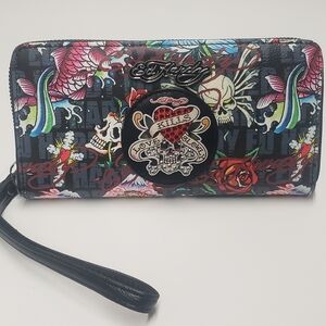 NWT Ed Hardy Wallet Wristlet Rhinestone Zip Around Love Kills Slowly Logo